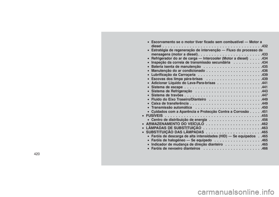 JEEP GRAND CHEROKEE 2016 Manual de Uso e Manutenção (in Portuguese) •Escorvamento se o motor tiver ficado sem combustível — Motor a
diesel.....................................432
•Estratégia de regeneração de intervenção — Fluxo do processo de
mensagens JEEP GRAND CHEROKEE 2016 Manual de Uso e Manutenção (in Portuguese) •Escorvamento se o motor tiver ficado sem combustível — Motor a
diesel.....................................432
•Estratégia de regeneração de intervenção — Fluxo do processo de
mensagens