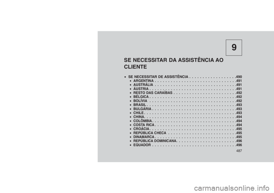 JEEP GRAND CHEROKEE 2016 Manual de Uso e Manutenção (in Portuguese) 9
SE NECESSITAR DA ASSISTÊNCIA AO
CLIENTE
•SE NECESSITAR DE ASSISTÊNCIA . . . . . . . . . . . . ......490•ARGENTINA...............................491
•AUSTRÁLIA............................... JEEP GRAND CHEROKEE 2016 Manual de Uso e Manutenção (in Portuguese) 9
SE NECESSITAR DA ASSISTÊNCIA AO
CLIENTE
•SE NECESSITAR DE ASSISTÊNCIA . . . . . . . . . . . . ......490•ARGENTINA...............................491
•AUSTRÁLIA...............................