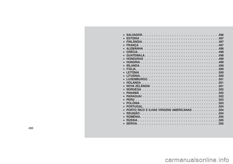 JEEP GRAND CHEROKEE 2016 Manual de Uso e Manutenção (in Portuguese) •SALVADOR..................................496
•ESTÓNIA...................................497
•FINLÂNDIA..................................497
•FRANÇA...................................497
JEEP GRAND CHEROKEE 2016 Manual de Uso e Manutenção (in Portuguese) •SALVADOR..................................496
•ESTÓNIA...................................497
•FINLÂNDIA..................................497
•FRANÇA...................................497