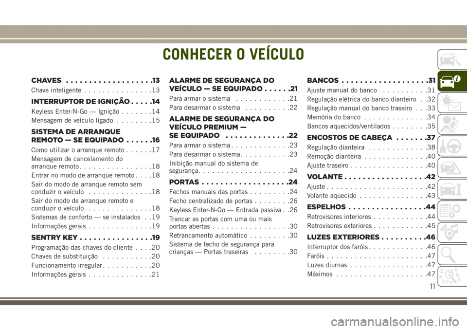 JEEP GRAND CHEROKEE 2017 Manual de Uso e Manutenção (in Portuguese) CONHECER O VEÍCULO
CHAVES ...................13
Chave inteligente...............13
INTERRUPTOR DE IGNIÇÃO.....14
Keyless Enter-N-Go — Ignição.......14
Mensagem de veículo ligado........15
SIST JEEP GRAND CHEROKEE 2017 Manual de Uso e Manutenção (in Portuguese) CONHECER O VEÍCULO
CHAVES ...................13
Chave inteligente...............13
INTERRUPTOR DE IGNIÇÃO.....14
Keyless Enter-N-Go — Ignição.......14
Mensagem de veículo ligado........15
SIST