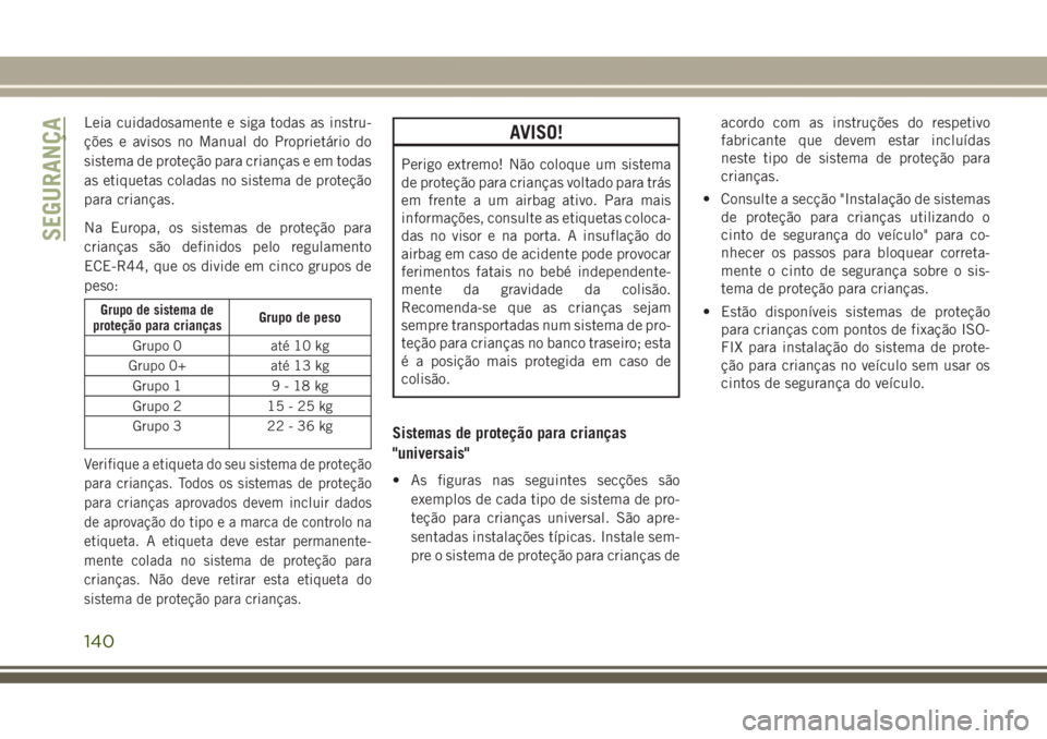 JEEP GRAND CHEROKEE 2017 Manual de Uso e Manutenção (in Portuguese) Leia cuidadosamente e siga todas as instru-
ções e avisos no Manual do Proprietário do
sistema de proteção para crianças e em todas
as etiquetas coladas no sistema de proteção
para crianças.
JEEP GRAND CHEROKEE 2017 Manual de Uso e Manutenção (in Portuguese) Leia cuidadosamente e siga todas as instru-
ções e avisos no Manual do Proprietário do
sistema de proteção para crianças e em todas
as etiquetas coladas no sistema de proteção
para crianças.
