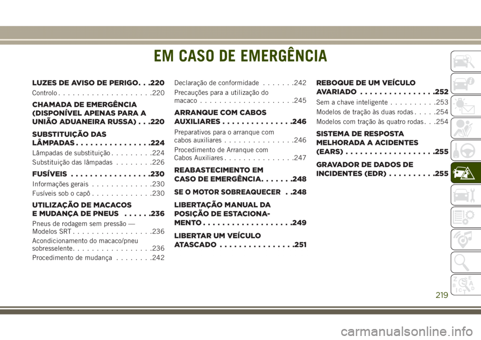 JEEP GRAND CHEROKEE 2017  Manual de Uso e Manutenção (in Portuguese) EM CASO DE EMERGÊNCIA
LUZES DE AVISO DE PERIGO . . .220
Controlo....................220
CHAMADA DE EMERGÊNCIA
(DISPONÍVEL APENAS PARA A
UNIÃO ADUANEIRA RUSSA) . . .220
SUBSTITUIÇÃO DAS
LÂMPADAS