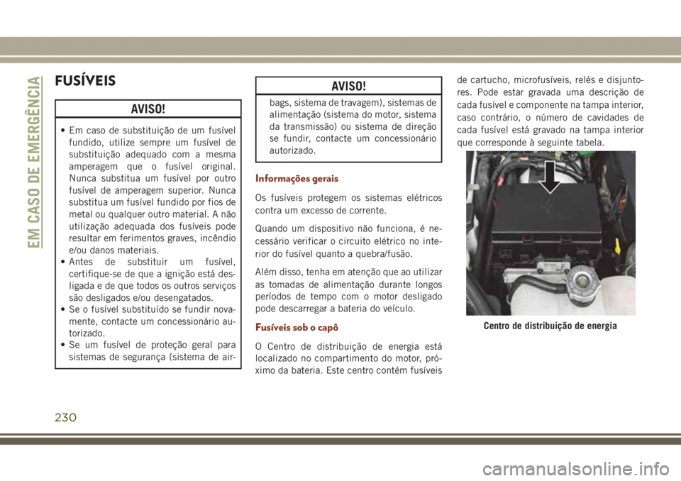 JEEP GRAND CHEROKEE 2017  Manual de Uso e Manutenção (in Portuguese) FUSÍVEIS
AVISO!
• Em caso de substituição de um fusível
fundido, utilize sempre um fusível de
substituição adequado com a mesma
amperagem que o fusível original.
Nunca substitua um fusível 