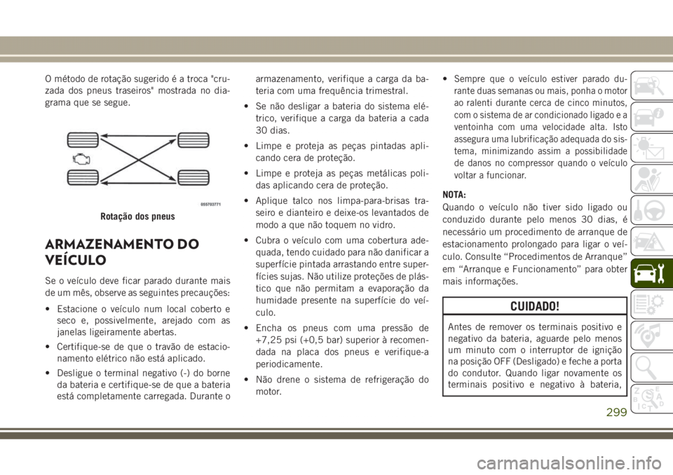 JEEP GRAND CHEROKEE 2017 Manual de Uso e Manutenção (in Portuguese) O método de rotação sugerido é a troca "cru-
zada dos pneus traseiros" mostrada no dia-
grama que se segue.
ARMAZENAMENTO DO
VEÍCULO
Se o veículo deve ficar parado durante mais
de um mê JEEP GRAND CHEROKEE 2017 Manual de Uso e Manutenção (in Portuguese) O método de rotação sugerido é a troca "cru-
zada dos pneus traseiros" mostrada no dia-
grama que se segue.
ARMAZENAMENTO DO
VEÍCULO
Se o veículo deve ficar parado durante mais
de um mê