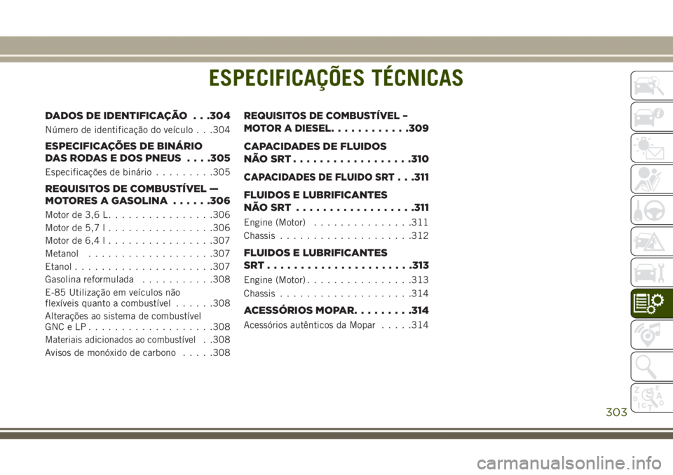 JEEP GRAND CHEROKEE 2017 Manual de Uso e Manutenção (in Portuguese) ESPECIFICAÇÕES TÉCNICAS
DADOS DE IDENTIFICAÇÃO . . .304
Número de identificação do veículo . . .304
ESPECIFICAÇÕES DE BINÁRIO
DAS RODAS E DOS PNEUS. . . .305
Especificações de binário.. JEEP GRAND CHEROKEE 2017 Manual de Uso e Manutenção (in Portuguese) ESPECIFICAÇÕES TÉCNICAS
DADOS DE IDENTIFICAÇÃO . . .304
Número de identificação do veículo . . .304
ESPECIFICAÇÕES DE BINÁRIO
DAS RODAS E DOS PNEUS. . . .305
Especificações de binário..