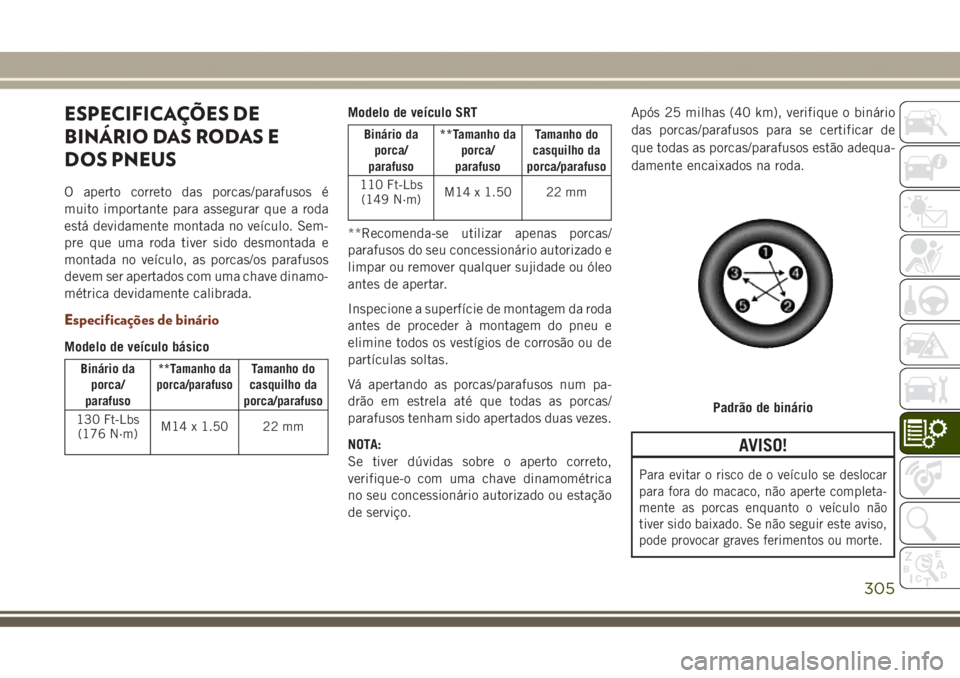JEEP GRAND CHEROKEE 2017 Manual de Uso e Manutenção (in Portuguese) ESPECIFICAÇÕES DE
BINÁRIO DAS RODAS E
DOS PNEUS
O aperto correto das porcas/parafusos é
muito importante para assegurar que a roda
está devidamente montada no veículo. Sem-
pre que uma roda tive JEEP GRAND CHEROKEE 2017 Manual de Uso e Manutenção (in Portuguese) ESPECIFICAÇÕES DE
BINÁRIO DAS RODAS E
DOS PNEUS
O aperto correto das porcas/parafusos é
muito importante para assegurar que a roda
está devidamente montada no veículo. Sem-
pre que uma roda tive