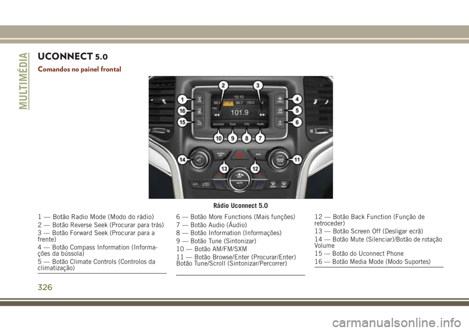 JEEP GRAND CHEROKEE 2017 Manual de Uso e Manutenção (in Portuguese) UCONNECT 5.0
Comandos no painel frontal
Rádio Uconnect 5.0
1 — Botão Radio Mode (Modo do rádio)
2
— Botão Reverse Seek (Procurar para trás)
3 — Botão Forward Seek (Procurar para a
frente)
JEEP GRAND CHEROKEE 2017 Manual de Uso e Manutenção (in Portuguese) UCONNECT 5.0
Comandos no painel frontal
Rádio Uconnect 5.0
1 — Botão Radio Mode (Modo do rádio)
2
— Botão Reverse Seek (Procurar para trás)
3 — Botão Forward Seek (Procurar para a
frente)