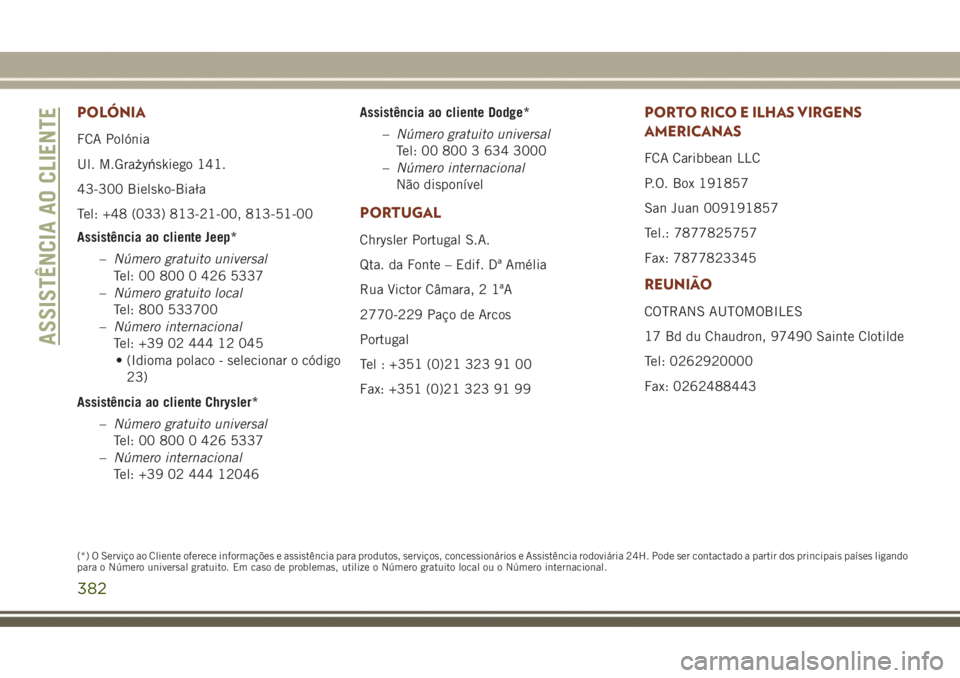 JEEP GRAND CHEROKEE 2017  Manual de Uso e Manutenção (in Portuguese) POLÓNIA
FCA Polónia
Ul. M.Grażyńskiego 141.
43-300 Bielsko-Biała
Tel: +48 (033) 813-21-00, 813-51-00
Assistência ao cliente Jeep*
–Número gratuito universal
Tel: 00 800 0 426 5337
–Número 