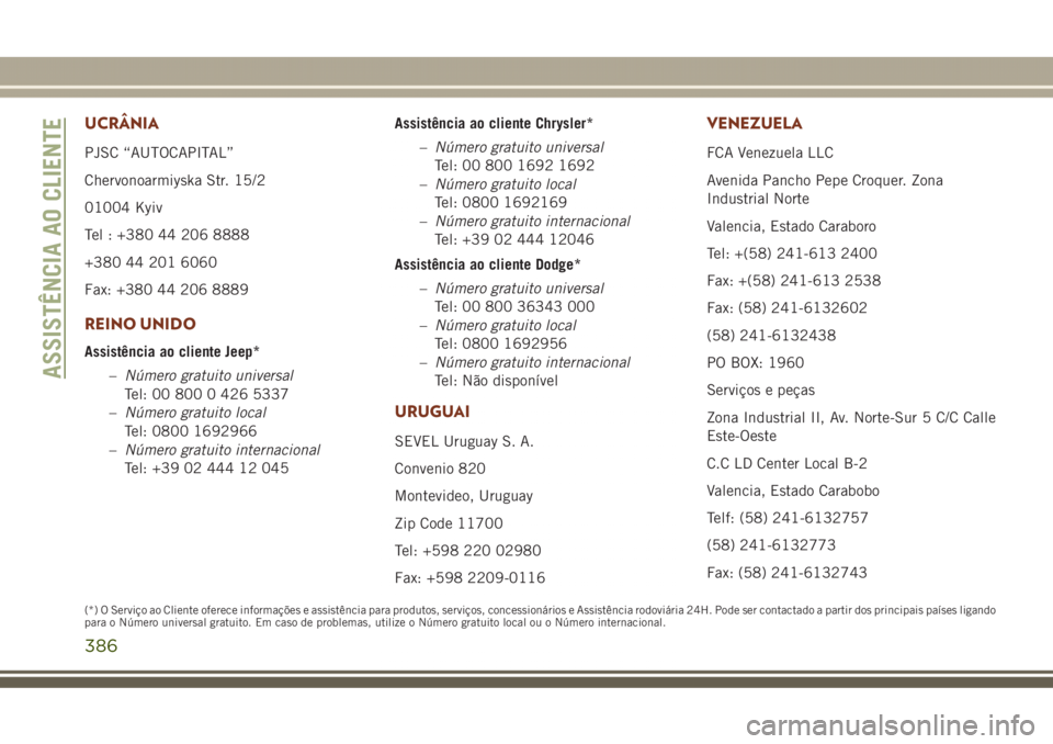 JEEP GRAND CHEROKEE 2017  Manual de Uso e Manutenção (in Portuguese) UCRÂNIA
PJSC “AUTOCAPITAL”
Chervonoarmiyska Str. 15/2
01004 Kyiv
Tel : +380 44 206 8888
+380 44 201 6060
Fax: +380 44 206 8889
REINO UNIDO
Assistência ao cliente Jeep*
–Número gratuito univer