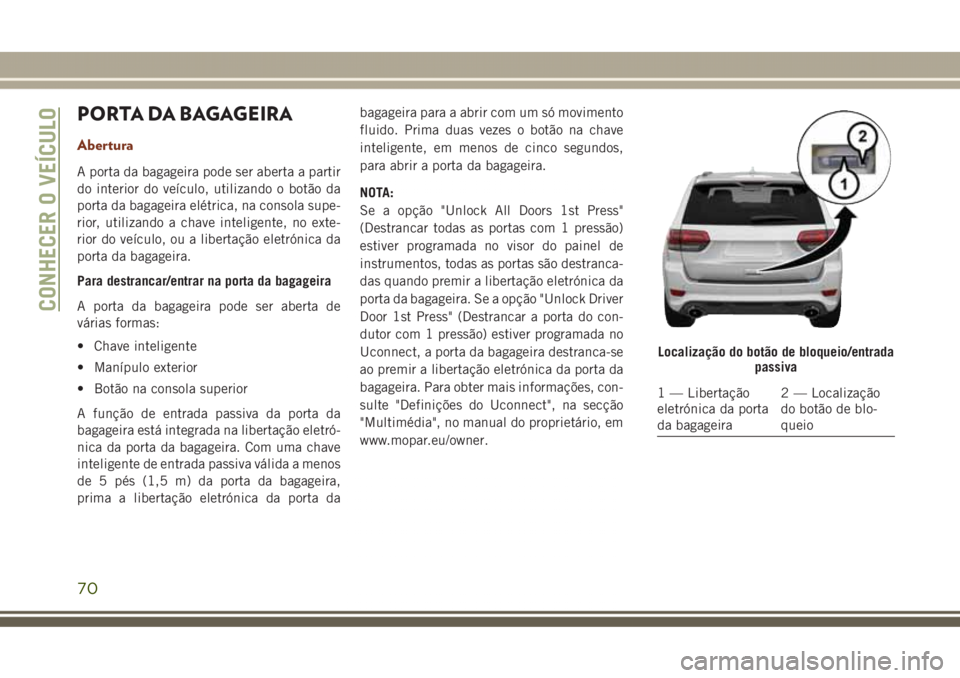 JEEP GRAND CHEROKEE 2017 Manual de Uso e Manutenção (in Portuguese) PORTA DA BAGAGEIRA
Abertura
A porta da bagageira pode ser aberta a partir
do interior do veículo, utilizando o botão da
porta da bagageira elétrica, na consola supe-
rior, utilizando a chave inteli JEEP GRAND CHEROKEE 2017 Manual de Uso e Manutenção (in Portuguese) PORTA DA BAGAGEIRA
Abertura
A porta da bagageira pode ser aberta a partir
do interior do veículo, utilizando o botão da
porta da bagageira elétrica, na consola supe-
rior, utilizando a chave inteli