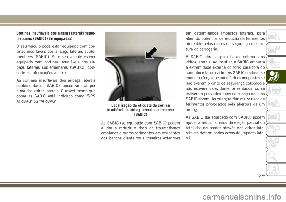 JEEP GRAND CHEROKEE 2018  Manual de Uso e Manutenção (in Portuguese) Cortinas insufláveis dos airbags laterais suple-
mentares (SABIC) (Se equipadas)
O seu veículo pode estar equipado com cor-
tinas insufláveis dos airbags laterais suple-
mentares (SABIC). Se o seu 