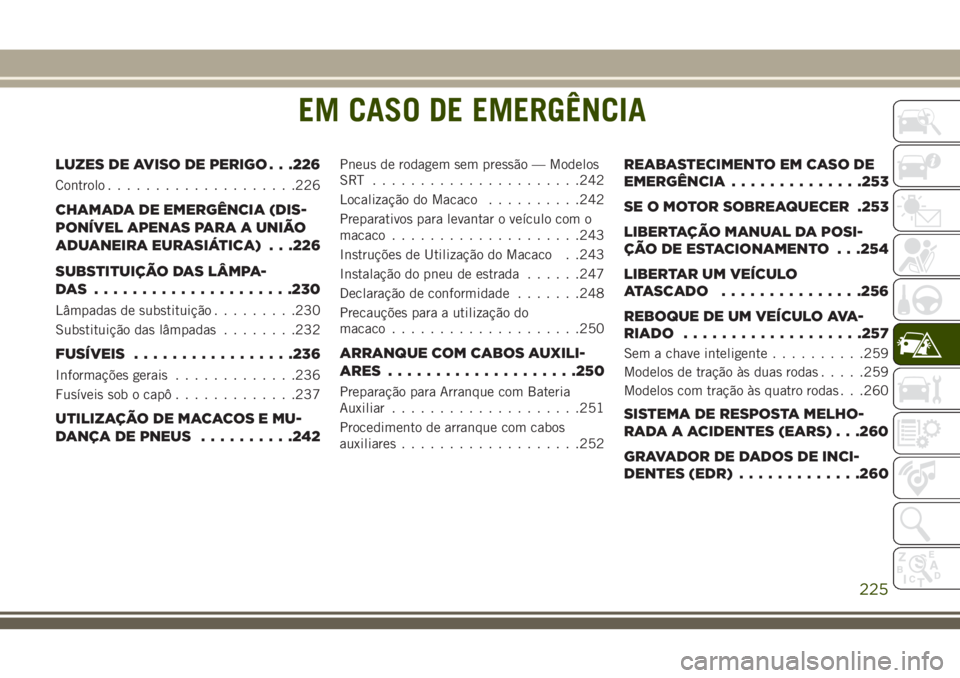 JEEP GRAND CHEROKEE 2018  Manual de Uso e Manutenção (in Portuguese) EM CASO DE EMERGÊNCIA
LUZES DE AVISO DE PERIGO . . .226
Controlo....................226
CHAMADA DE EMERGÊNCIA (DIS-
PONÍVEL APENAS PARA A UNIÃO
ADUANEIRA EURASIÁTICA) . . .226
SUBSTITUIÇÃO DAS 
