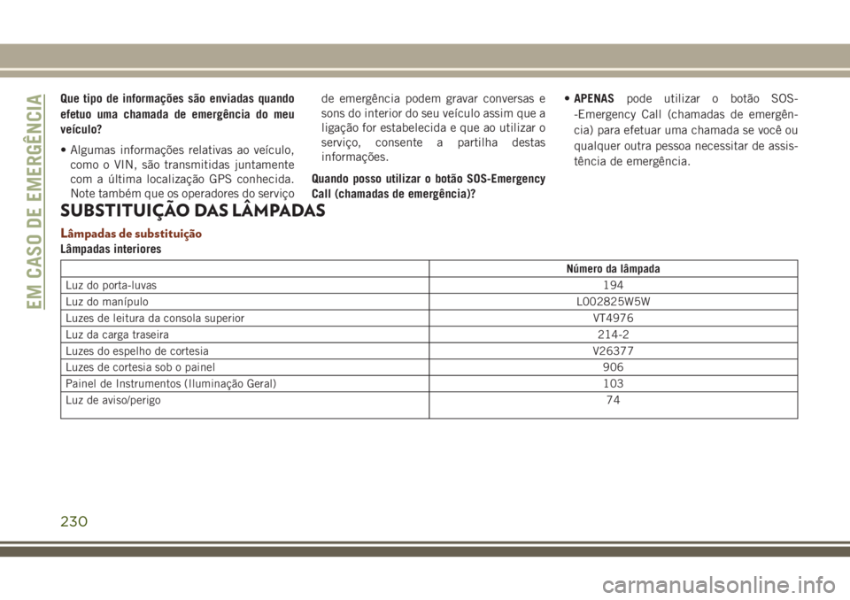 JEEP GRAND CHEROKEE 2018  Manual de Uso e Manutenção (in Portuguese) Que tipo de informações são enviadas quando
efetuo uma chamada de emergência do meu
veículo?
• Algumas informações relativas ao veículo,
como o VIN, são transmitidas juntamente
com a últim