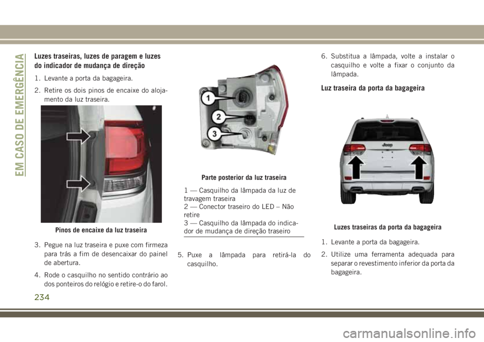 JEEP GRAND CHEROKEE 2018  Manual de Uso e Manutenção (in Portuguese) Luzes traseiras, luzes de paragem e luzes
do indicador de mudança de direção
1. Levante a porta da bagageira.
2. Retire os dois pinos de encaixe do aloja-
mento da luz traseira.
3. Pegue na luz tra