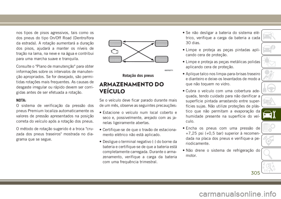 JEEP GRAND CHEROKEE 2018 Manual de Uso e Manutenção (in Portuguese) nos tipos de pisos agressivos, tais como os
dos pneus do tipo On/Off Road (Dentro/fora
da estrada). A rotação aumentará a duração
dos pisos, ajudará a manter os níveis de
tração na lama, na n JEEP GRAND CHEROKEE 2018 Manual de Uso e Manutenção (in Portuguese) nos tipos de pisos agressivos, tais como os
dos pneus do tipo On/Off Road (Dentro/fora
da estrada). A rotação aumentará a duração
dos pisos, ajudará a manter os níveis de
tração na lama, na n