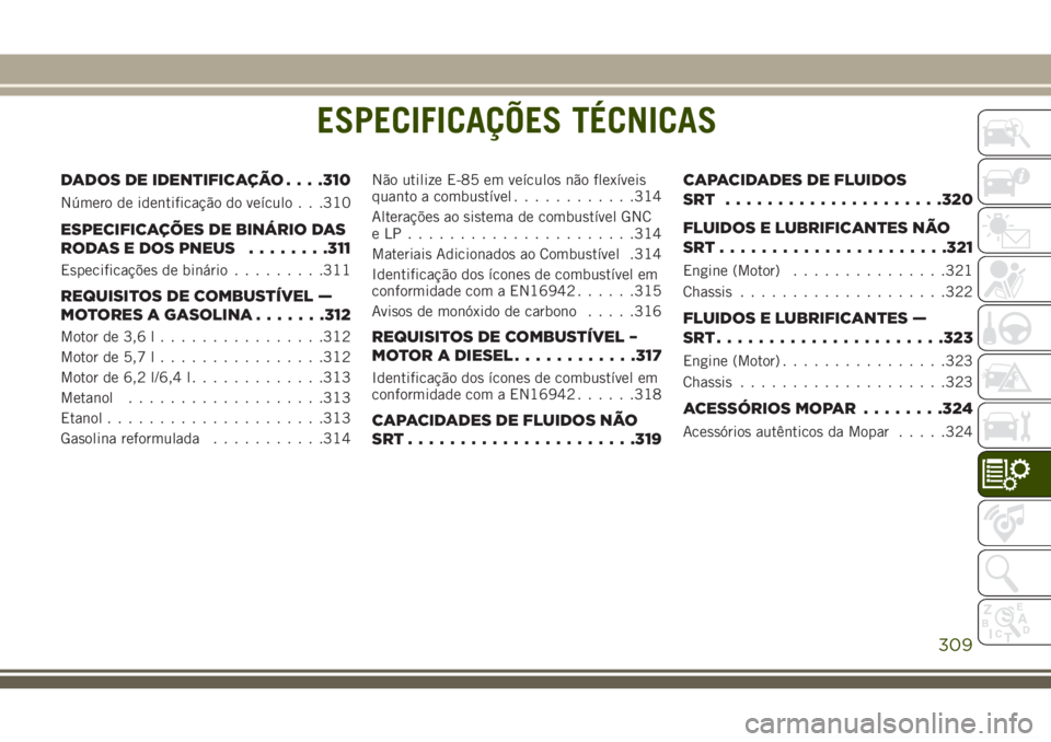 JEEP GRAND CHEROKEE 2018 Manual de Uso e Manutenção (in Portuguese) ESPECIFICAÇÕES TÉCNICAS
DADOS DE IDENTIFICAÇÃO. . . .310
Número de identificação do veículo . . .310
ESPECIFICAÇÕES DE BINÁRIO DAS
RODAS E DOS PNEUS........311
Especificações de binário JEEP GRAND CHEROKEE 2018 Manual de Uso e Manutenção (in Portuguese) ESPECIFICAÇÕES TÉCNICAS
DADOS DE IDENTIFICAÇÃO. . . .310
Número de identificação do veículo . . .310
ESPECIFICAÇÕES DE BINÁRIO DAS
RODAS E DOS PNEUS........311
Especificações de binário