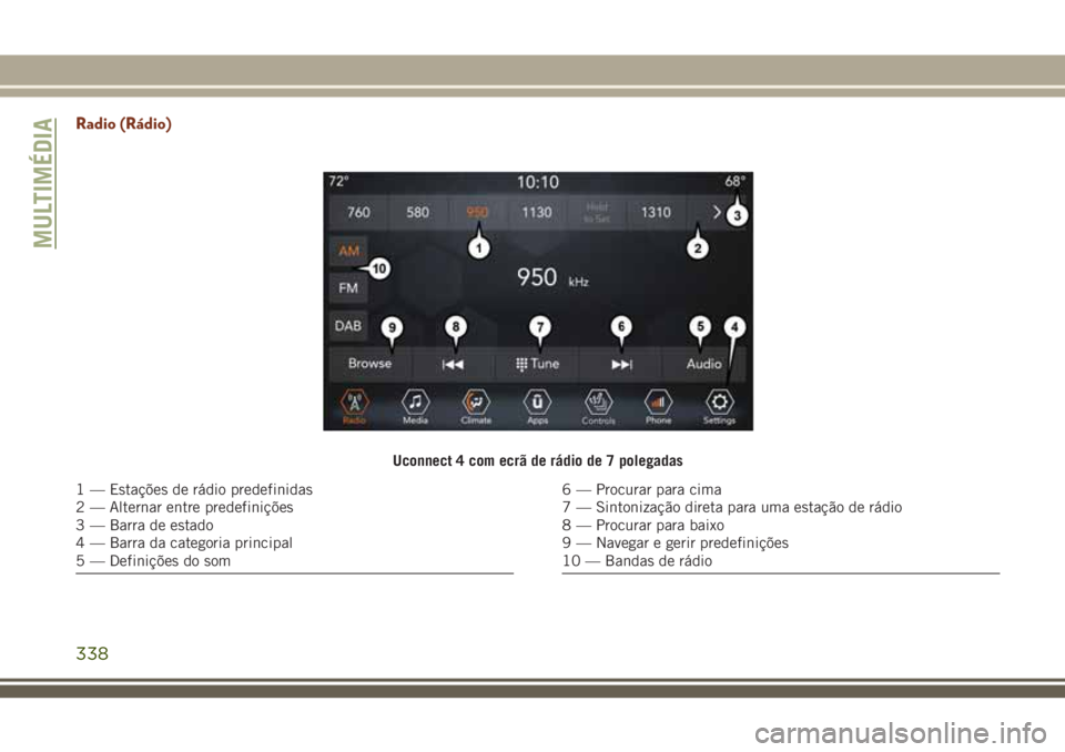 JEEP GRAND CHEROKEE 2018  Manual de Uso e Manutenção (in Portuguese) Radio (Rádio)
Uconnect 4 com ecrã de rádio de 7 polegadas
1 — Estações de rádio predefinidas
2 — Alternar entre predefinições
3 — Barra de estado
4 — Barra da categoria principal
5 —