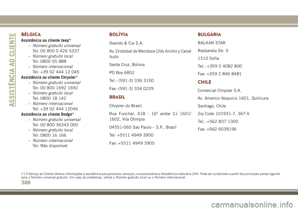 JEEP GRAND CHEROKEE 2018  Manual de Uso e Manutenção (in Portuguese) BÉLGICA
Assistência ao cliente Jeep*
–Número gratuito universal
Tel: 00 800 0 426 5337
–Número gratuito local
Tel: 0800 55 888
–Número internacional
Tel: +39 02 444 12 045
Assistência ao c