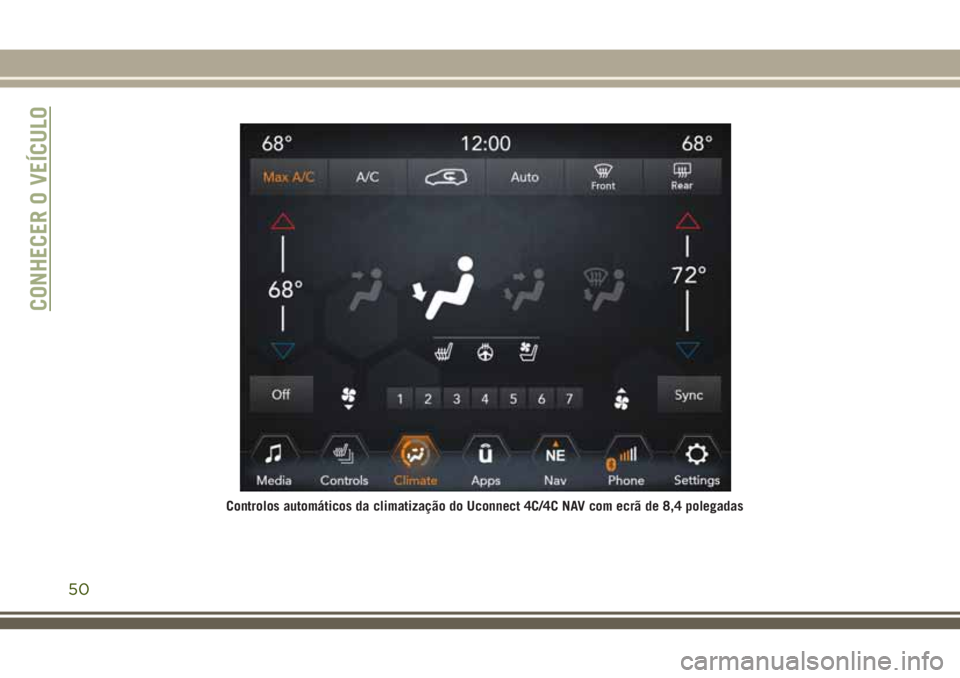 JEEP GRAND CHEROKEE 2018 Manual de Uso e Manutenção (in Portuguese) Controlos automáticos da climatização do Uconnect 4C/4C NAV com ecrã de 8,4 polegadas
CONHECER O VEÍCULO
50 JEEP GRAND CHEROKEE 2018 Manual de Uso e Manutenção (in Portuguese) Controlos automáticos da climatização do Uconnect 4C/4C NAV com ecrã de 8,4 polegadas
CONHECER O VEÍCULO
50