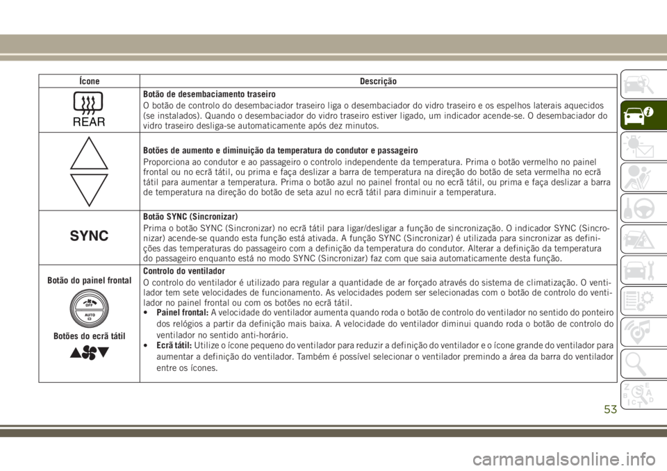 JEEP GRAND CHEROKEE 2018 Manual de Uso e Manutenção (in Portuguese) Ícone Descrição
REAR
Botão de desembaciamento traseiro
O botão de controlo do desembaciador traseiro liga o desembaciador do vidro traseiro e os espelhos laterais aquecidos
(se instalados). Quand JEEP GRAND CHEROKEE 2018 Manual de Uso e Manutenção (in Portuguese) Ícone Descrição
REAR
Botão de desembaciamento traseiro
O botão de controlo do desembaciador traseiro liga o desembaciador do vidro traseiro e os espelhos laterais aquecidos
(se instalados). Quand