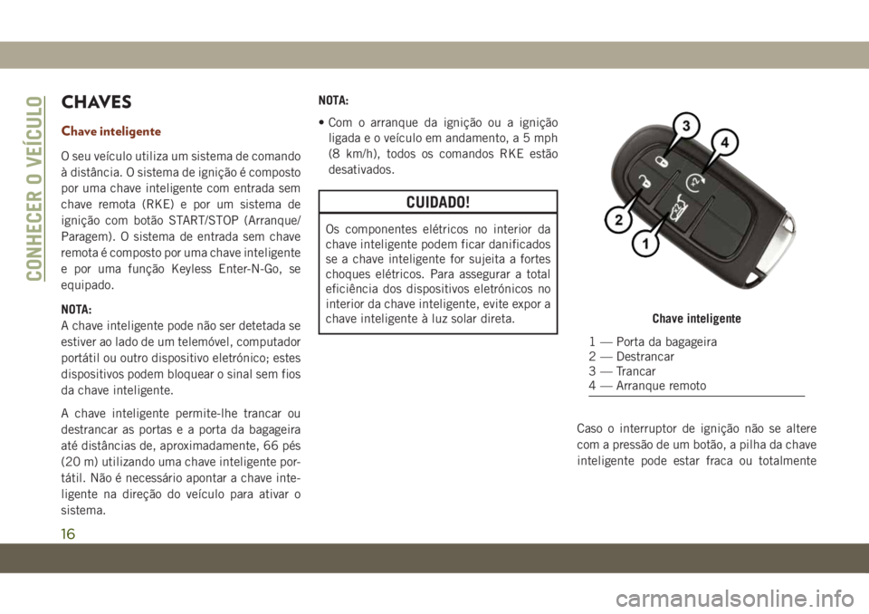 JEEP GRAND CHEROKEE 2021  Manual de Uso e Manutenção (in Portuguese) CHAVES
Chave inteligente
O seu veículo utiliza um sistema de comando
à distância. O sistema de ignição é composto
por uma chave inteligente com entrada sem
chave remota (RKE) e por um sistema de