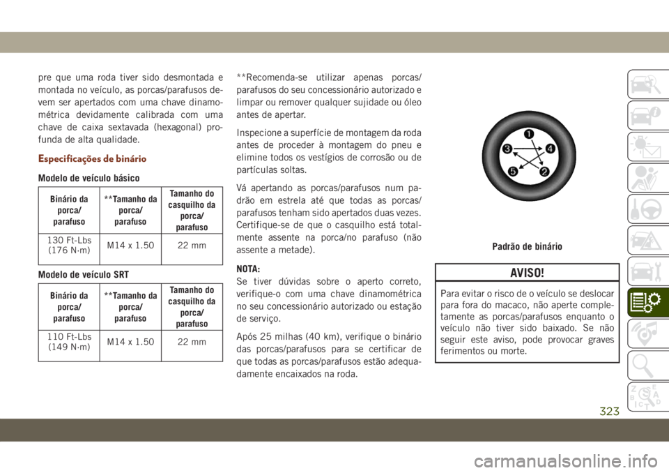 JEEP GRAND CHEROKEE 2019 Manual de Uso e Manutenção (in Portuguese) pre que uma roda tiver sido desmontada e
montada no veículo, as porcas/parafusos de-
vem ser apertados com uma chave dinamo-
métrica devidamente calibrada com uma
chave de caixa sextavada (hexagonal JEEP GRAND CHEROKEE 2019 Manual de Uso e Manutenção (in Portuguese) pre que uma roda tiver sido desmontada e
montada no veículo, as porcas/parafusos de-
vem ser apertados com uma chave dinamo-
métrica devidamente calibrada com uma
chave de caixa sextavada (hexagonal