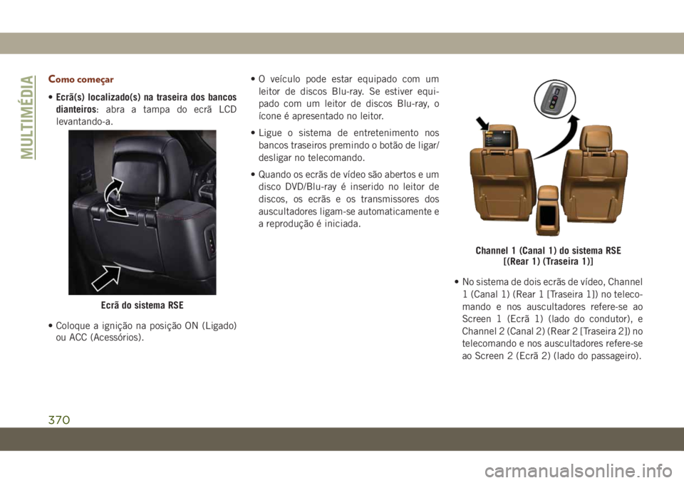 JEEP GRAND CHEROKEE 2020 Manual de Uso e Manutenção (in Portuguese) Como começar
•Ecrã(s) localizado(s) na traseira dos bancos
dianteiros: abra a tampa do ecrã LCD
levantando-a.
• Coloque a ignição na posição ON (Ligado)
ou ACC (Acessórios).• O veículo JEEP GRAND CHEROKEE 2020 Manual de Uso e Manutenção (in Portuguese) Como começar
•Ecrã(s) localizado(s) na traseira dos bancos
dianteiros: abra a tampa do ecrã LCD
levantando-a.
• Coloque a ignição na posição ON (Ligado)
ou ACC (Acessórios).• O veículo