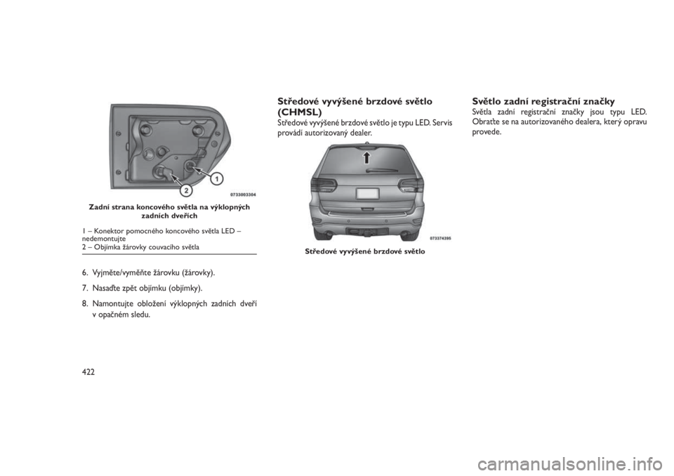 JEEP GRAND CHEROKEE 2016 Návod k použití a údržbě (in Czech) 6. Vyjměte/vyměňte žárovku (žárovky).
7. Nasaďte zpět objímku (objímky).
8. Namontujte obložení výklopných zadních dveří
v opačném sledu.
Středové vyvýšené brzdové světlo
(C JEEP GRAND CHEROKEE 2016 Návod k použití a údržbě (in Czech) 6. Vyjměte/vyměňte žárovku (žárovky).
7. Nasaďte zpět objímku (objímky).
8. Namontujte obložení výklopných zadních dveří
v opačném sledu.
Středové vyvýšené brzdové světlo
(C