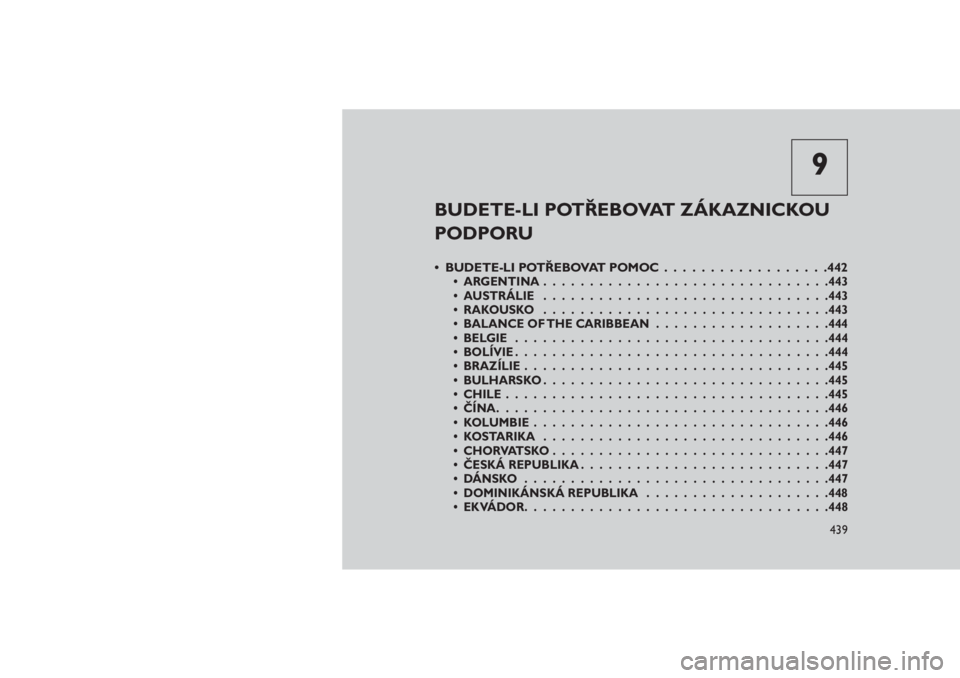 JEEP GRAND CHEROKEE 2016 Návod k použití a údržbě (in Czech) 9
BUDETE-LI POTŘEBOVAT ZÁKAZNICKOU
PODPORU
• BUDETE-LI POTŘEBOVAT POMOC..................442• ARGENTINA...............................443
• AUSTRÁLIE...............................443
• RA JEEP GRAND CHEROKEE 2016 Návod k použití a údržbě (in Czech) 9
BUDETE-LI POTŘEBOVAT ZÁKAZNICKOU
PODPORU
• BUDETE-LI POTŘEBOVAT POMOC..................442• ARGENTINA...............................443
• AUSTRÁLIE...............................443
• RA