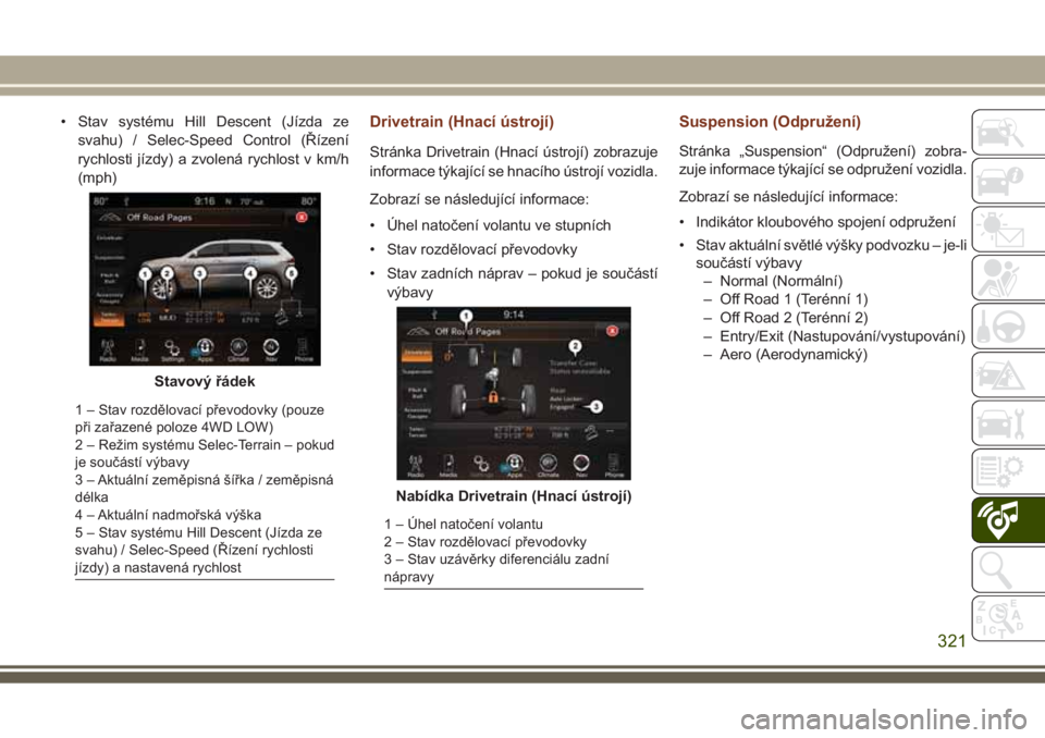 JEEP GRAND CHEROKEE 2017 Návod k použití a údržbě (in Czech) • Stav systému Hill Descent (Jízda ze
svahu) / Selec-Speed Control (Řízení
rychlosti jízdy) a zvolená rychlost v km/h
(mph)Drivetrain (Hnací ústrojí)
Stránka Drivetrain (Hnací ústrojí) JEEP GRAND CHEROKEE 2017 Návod k použití a údržbě (in Czech) • Stav systému Hill Descent (Jízda ze
svahu) / Selec-Speed Control (Řízení
rychlosti jízdy) a zvolená rychlost v km/h
(mph)Drivetrain (Hnací ústrojí)
Stránka Drivetrain (Hnací ústrojí)