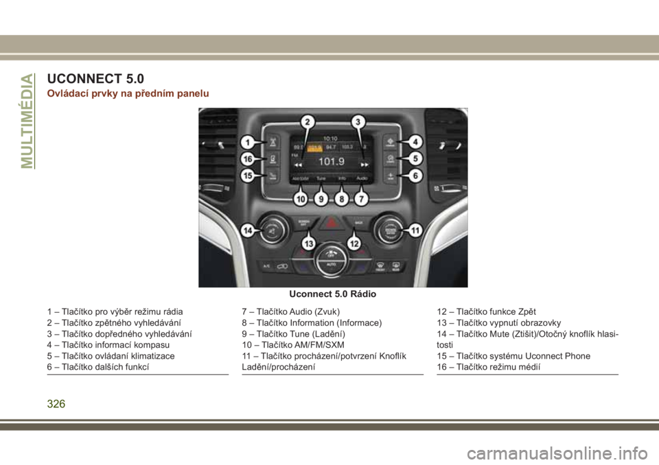 JEEP GRAND CHEROKEE 2017 Návod k použití a údržbě (in Czech) UCONNECT 5.0
Ovládací prvky na předním panelu
Uconnect 5.0 Rádio
1 – Tlačítko pro výběr režimu rádia
2 – Tlačítko zpětného vyhledávání
3 – Tlačítko dopředného vyhledáván JEEP GRAND CHEROKEE 2017 Návod k použití a údržbě (in Czech) UCONNECT 5.0
Ovládací prvky na předním panelu
Uconnect 5.0 Rádio
1 – Tlačítko pro výběr režimu rádia
2 – Tlačítko zpětného vyhledávání
3 – Tlačítko dopředného vyhledáván