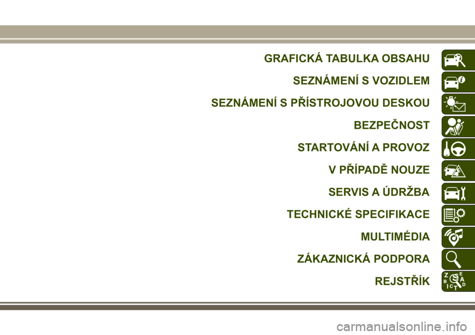 JEEP GRAND CHEROKEE 2017  Návod k použití a údržbě (in Czech) GRAFICKÁ TABULKA OBSAHU
SEZNÁMENÍ S VOZIDLEM
SEZNÁMENÍ S PŘÍSTROJOVOU DESKOU
BEZPEČNOST
STARTOVÁNÍ A PROVOZ
V PŘÍPADĚ NOUZE
SERVIS A ÚDRŽBA
TECHNICKÉ SPECIFIKACE
MULTIMÉDIA
ZÁKAZNICK