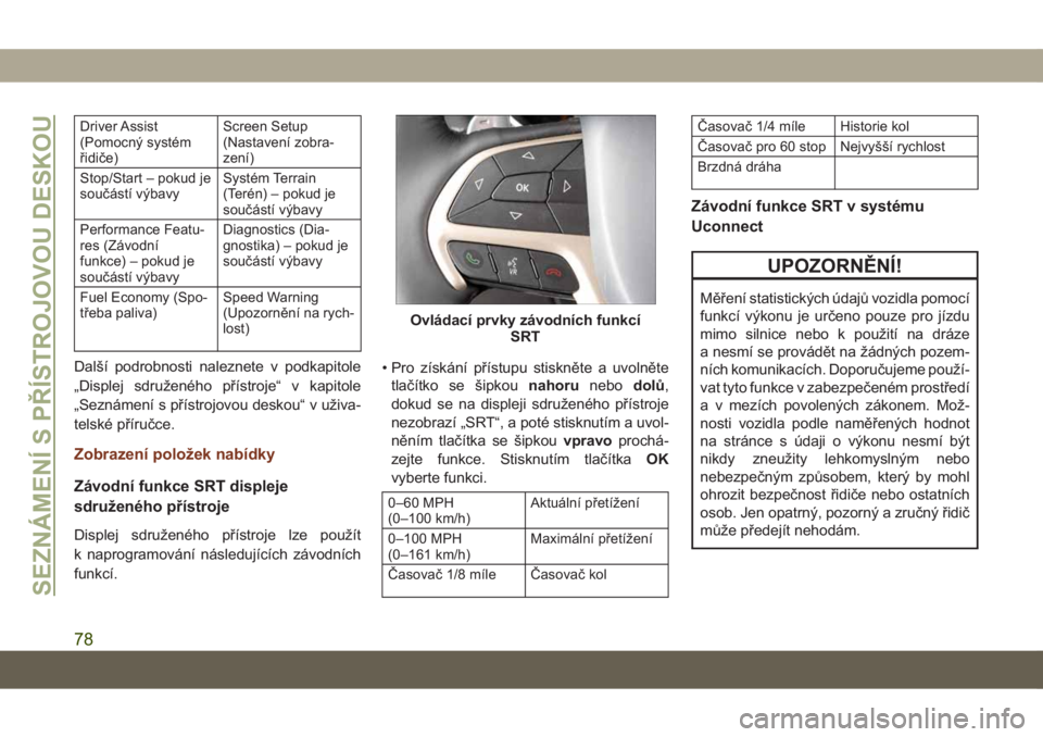 JEEP GRAND CHEROKEE 2021  Návod k použití a údržbě (in Czech) Driver Assist
(Pomocný systém
řidiče)Screen Setup
(Nastavení zobra-
zení)
Stop/Start – pokud je
součástí výbavySystém Terrain
(Terén) – pokud je
součástí výbavy
Performance Featu-
