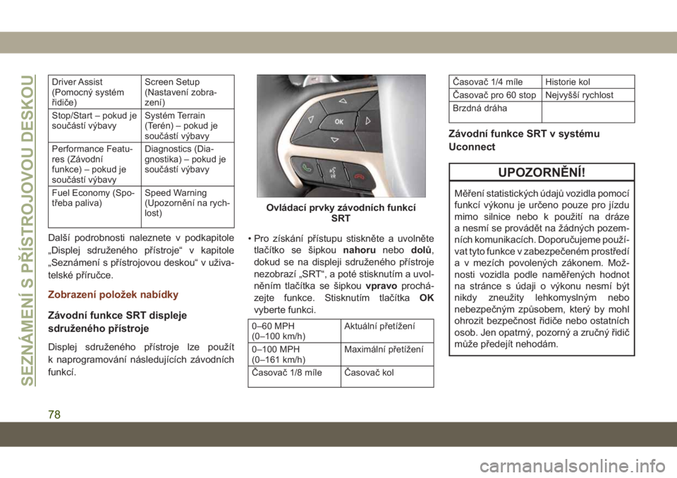 JEEP GRAND CHEROKEE 2021 Návod k použití a údržbě (in Czech) Driver Assist
(Pomocný systém
řidiče)Screen Setup
(Nastavení zobra-
zení)
Stop/Start – pokud je
součástí výbavySystém Terrain
(Terén) – pokud je
součástí výbavy
Performance Featu-
JEEP GRAND CHEROKEE 2021 Návod k použití a údržbě (in Czech) Driver Assist
(Pomocný systém
řidiče)Screen Setup
(Nastavení zobra-
zení)
Stop/Start – pokud je
součástí výbavySystém Terrain
(Terén) – pokud je
součástí výbavy
Performance Featu-