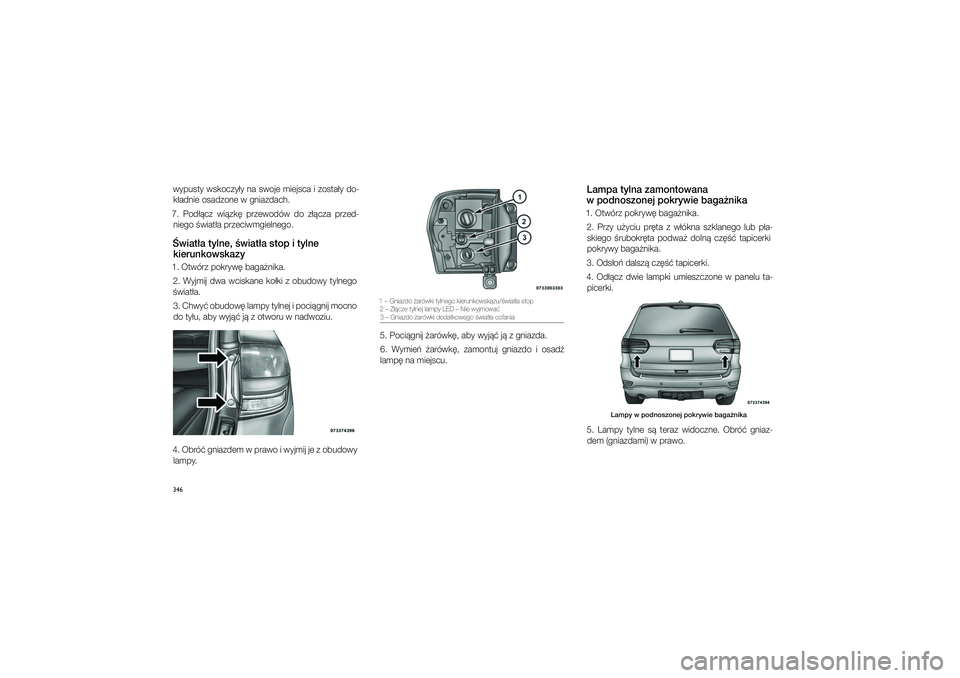JEEP GRAND CHEROKEE 2014  Instrukcja obsługi (in Polish) 
346wypu\fty w\fkoczy�y na \fwoje miej\fca i�zo\fta�y do\bk�adnie o\fadzone w�g\cniazdach. 
7.  Pod��cz  wi�zk�  przewodów  do  z��cza  przed\b niego �wiat�a przec\ciwmgielnego. �wiat�a tyl\fe, �wia\