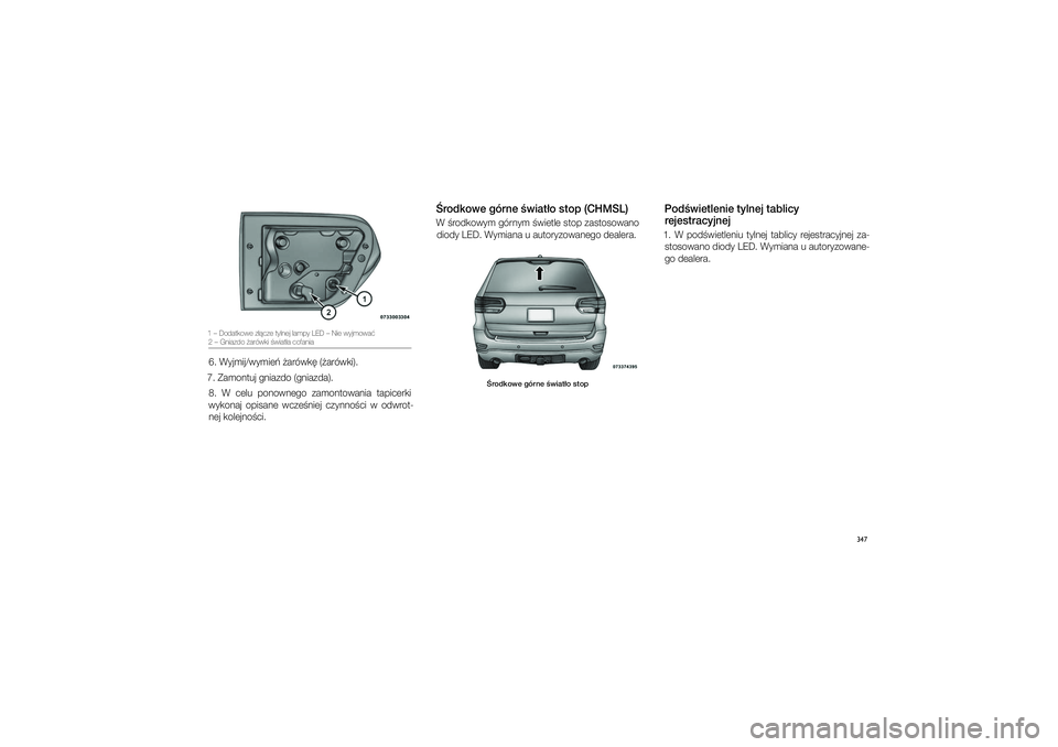 JEEP GRAND CHEROKEE 2014  Instrukcja obsługi (in Polish) 
347
1 – Dodatkowe z��c\gze tylnej lam\by LED \g– Nie wyjmowa�\f – Gniazdo �arówki \g�wiat�a cofania6. Wyjmij/wymie� �a\crówk� (�arówki). 
7. Zamontuj gniazdo \c(gniazda).  8.  W  celu  ponow