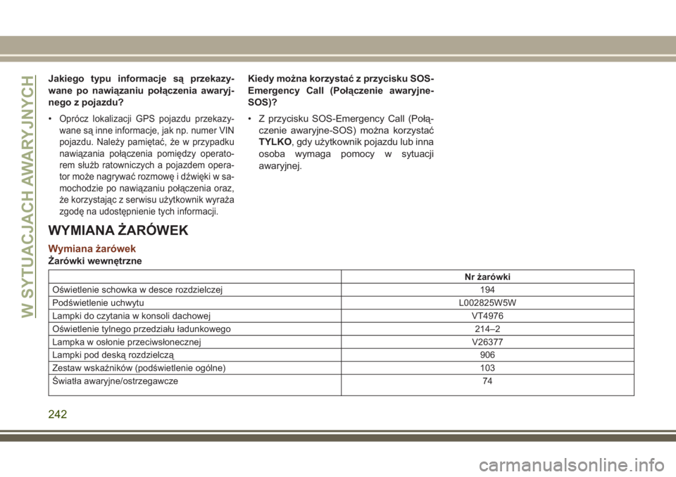 JEEP GRAND CHEROKEE 2017  Instrukcja obsługi (in Polish) Jakiego typu informacje są przekazy-
wane po nawiązaniu połączenia awaryj-
nego z pojazdu?
•
Oprócz lokalizacji GPS pojazdu przekazy-
wane są inne informacje, jak np. numer VIN
pojazdu. Należ