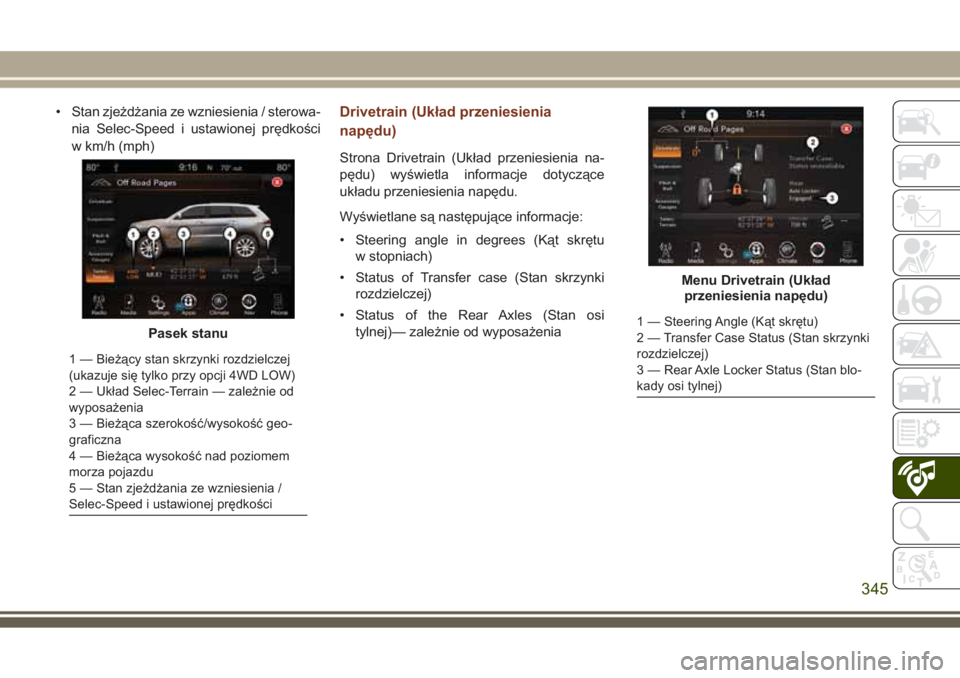 JEEP GRAND CHEROKEE 2017 Instrukcja obsługi (in Polish) • Stan zjeżdżania ze wzniesienia / sterowa-
nia Selec-Speed i ustawionej prędkości
w km/h (mph)Drivetrain (Układ przeniesienia
napędu)
Strona Drivetrain (Układ przeniesienia na-
pędu) wyświ JEEP GRAND CHEROKEE 2017 Instrukcja obsługi (in Polish) • Stan zjeżdżania ze wzniesienia / sterowa-
nia Selec-Speed i ustawionej prędkości
w km/h (mph)Drivetrain (Układ przeniesienia
napędu)
Strona Drivetrain (Układ przeniesienia na-
pędu) wyświ