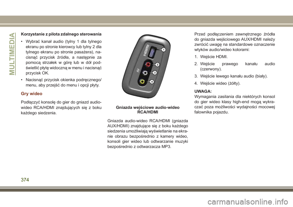 JEEP GRAND CHEROKEE 2017  Instrukcja obsługi (in Polish) Korzystanie z pilota zdalnego sterowania
• Wybrać kanał audio (tylny 1 dla tylnego
ekranu po stronie kierowcy lub tylny 2 dla
tylnego ekranu po stronie pasażera), na-
cisnąć przycisk źródła,