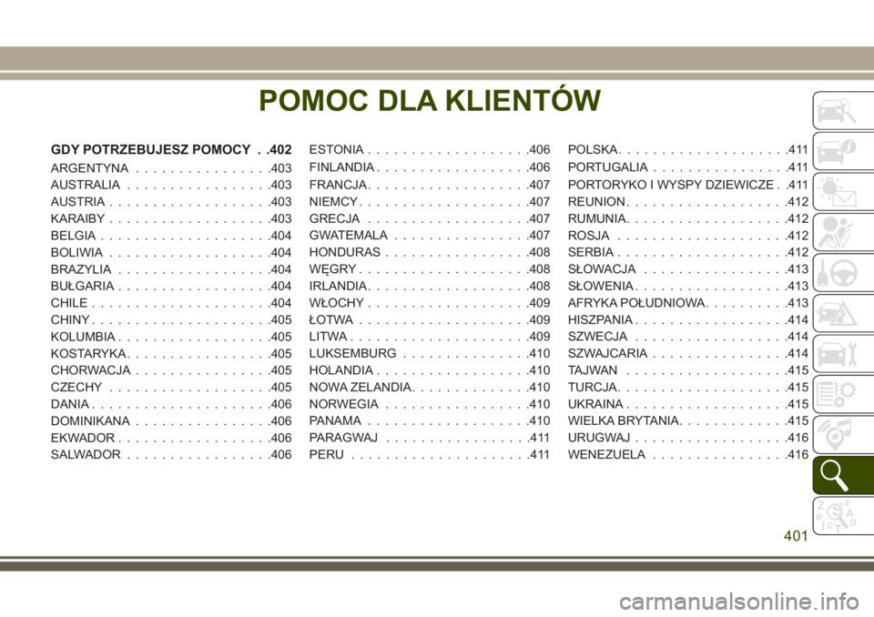 JEEP GRAND CHEROKEE 2017 Instrukcja obsługi (in Polish) POMOC DLA KLIENTÓW
GDY POTRZEBUJESZ POMOCY . .402
ARGENTYNA................403
AUSTRALIA.................403
AUSTRIA...................403
KARAIBY...................403
BELGIA....................404
JEEP GRAND CHEROKEE 2017 Instrukcja obsługi (in Polish) POMOC DLA KLIENTÓW
GDY POTRZEBUJESZ POMOCY . .402
ARGENTYNA................403
AUSTRALIA.................403
AUSTRIA...................403
KARAIBY...................403
BELGIA....................404