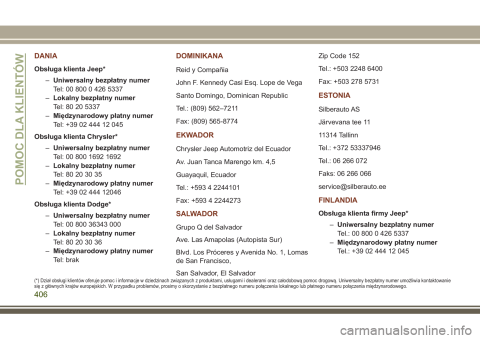 JEEP GRAND CHEROKEE 2017 Instrukcja obsługi (in Polish) DANIA
Obsługa klienta Jeep*
–Uniwersalny bezpłatny numer
Tel: 00 800 0 426 5337
–Lokalny bezpłatny numer
Tel: 80 20 5337
–Międzynarodowy płatny numer
Tel: +39 02 444 12 045
Obsługa klienta JEEP GRAND CHEROKEE 2017 Instrukcja obsługi (in Polish) DANIA
Obsługa klienta Jeep*
–Uniwersalny bezpłatny numer
Tel: 00 800 0 426 5337
–Lokalny bezpłatny numer
Tel: 80 20 5337
–Międzynarodowy płatny numer
Tel: +39 02 444 12 045
Obsługa klienta