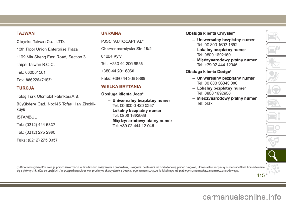 JEEP GRAND CHEROKEE 2017 Instrukcja obsługi (in Polish) TAJWAN
Chrysler Taiwan Co. , LTD.
13th Floor Union Enterprise Plaza
1109 Min Sheng East Road, Section 3
Taipei Taiwan R.O.C.
Tel.: 080081581
Fax: 886225471871
TURCJA
Tofaş Türk Otomobil Fabrikasi A. JEEP GRAND CHEROKEE 2017 Instrukcja obsługi (in Polish) TAJWAN
Chrysler Taiwan Co. , LTD.
13th Floor Union Enterprise Plaza
1109 Min Sheng East Road, Section 3
Taipei Taiwan R.O.C.
Tel.: 080081581
Fax: 886225471871
TURCJA
Tofaş Türk Otomobil Fabrikasi A.