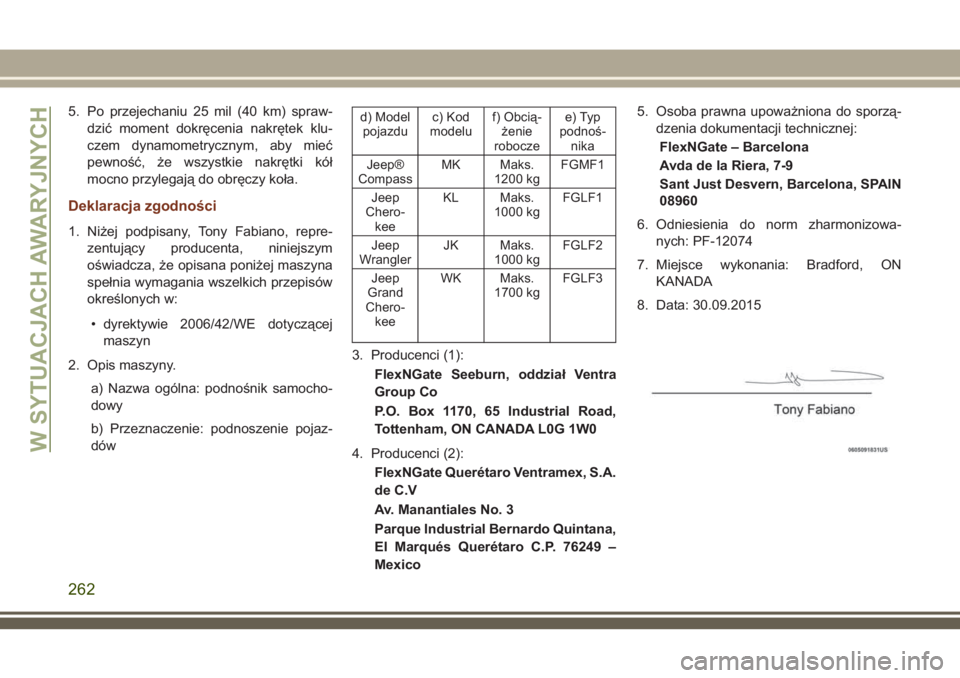 JEEP GRAND CHEROKEE 2018 Instrukcja obsługi (in Polish) 5. Po przejechaniu 25 mil (40 km) spraw-
dzić moment dokręcenia nakrętek klu-
czem dynamometrycznym, aby mieć
pewność, że wszystkie nakrętki kół
mocno przylegają do obręczy koła.
Deklarac JEEP GRAND CHEROKEE 2018 Instrukcja obsługi (in Polish) 5. Po przejechaniu 25 mil (40 km) spraw-
dzić moment dokręcenia nakrętek klu-
czem dynamometrycznym, aby mieć
pewność, że wszystkie nakrętki kół
mocno przylegają do obręczy koła.
Deklarac