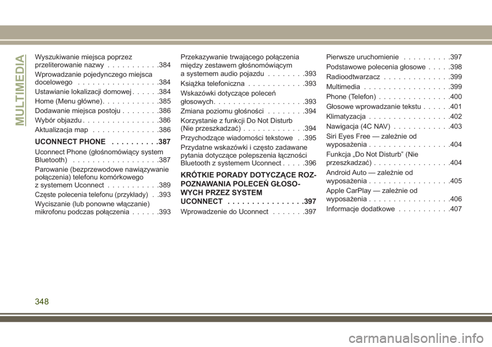 JEEP GRAND CHEROKEE 2018  Instrukcja obsługi (in Polish) Wyszukiwanie miejsca poprzez
przeliterowanie nazwy...........384
Wprowadzanie pojedynczego miejsca
docelowego.................384
Ustawianie lokalizacji domowej......384
Home (Menu główne)..........