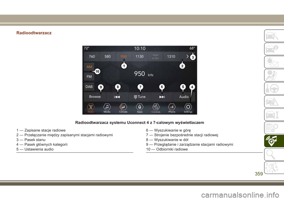 JEEP GRAND CHEROKEE 2018 Instrukcja obsługi (in Polish) Radioodtwarzacz
Radioodtwarzacz systemu Uconnect 4 z 7-calowym wyświetlaczem
1 — Zapisane stacje radiowe
2 — Przełączanie między zapisanymi stacjami radiowymi
3 — Pasek stanu
4 — Pasek gł JEEP GRAND CHEROKEE 2018 Instrukcja obsługi (in Polish) Radioodtwarzacz
Radioodtwarzacz systemu Uconnect 4 z 7-calowym wyświetlaczem
1 — Zapisane stacje radiowe
2 — Przełączanie między zapisanymi stacjami radiowymi
3 — Pasek stanu
4 — Pasek gł