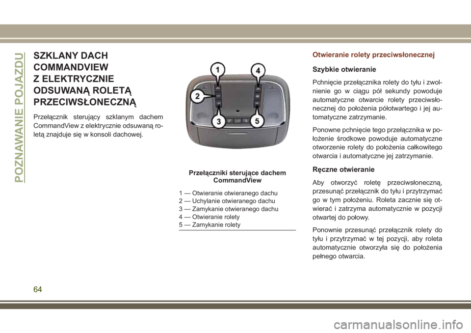 JEEP GRAND CHEROKEE 2018 Instrukcja obsługi (in Polish) SZKLANY DACH
COMMANDVIEW
Z ELEKTRYCZNIE
ODSUWANĄ ROLETĄ
PRZECIWSŁONECZNĄ
Przełącznik sterujący szklanym dachem
CommandView z elektrycznie odsuwaną ro-
letą znajduje się w konsoli dachowej.
O JEEP GRAND CHEROKEE 2018 Instrukcja obsługi (in Polish) SZKLANY DACH
COMMANDVIEW
Z ELEKTRYCZNIE
ODSUWANĄ ROLETĄ
PRZECIWSŁONECZNĄ
Przełącznik sterujący szklanym dachem
CommandView z elektrycznie odsuwaną ro-
letą znajduje się w konsoli dachowej.
O