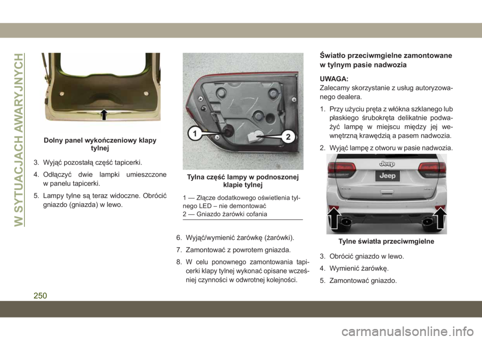JEEP GRAND CHEROKEE 2020  Instrukcja obsługi (in Polish) 3. Wyjąć pozostałą część tapicerki.
4. Odłączyć dwie lampki umieszczone
w panelu tapicerki.
5. Lampy tylne są teraz widoczne. Obrócić
gniazdo (gniazda) w lewo.
6. Wyjąć/wymienić żaró