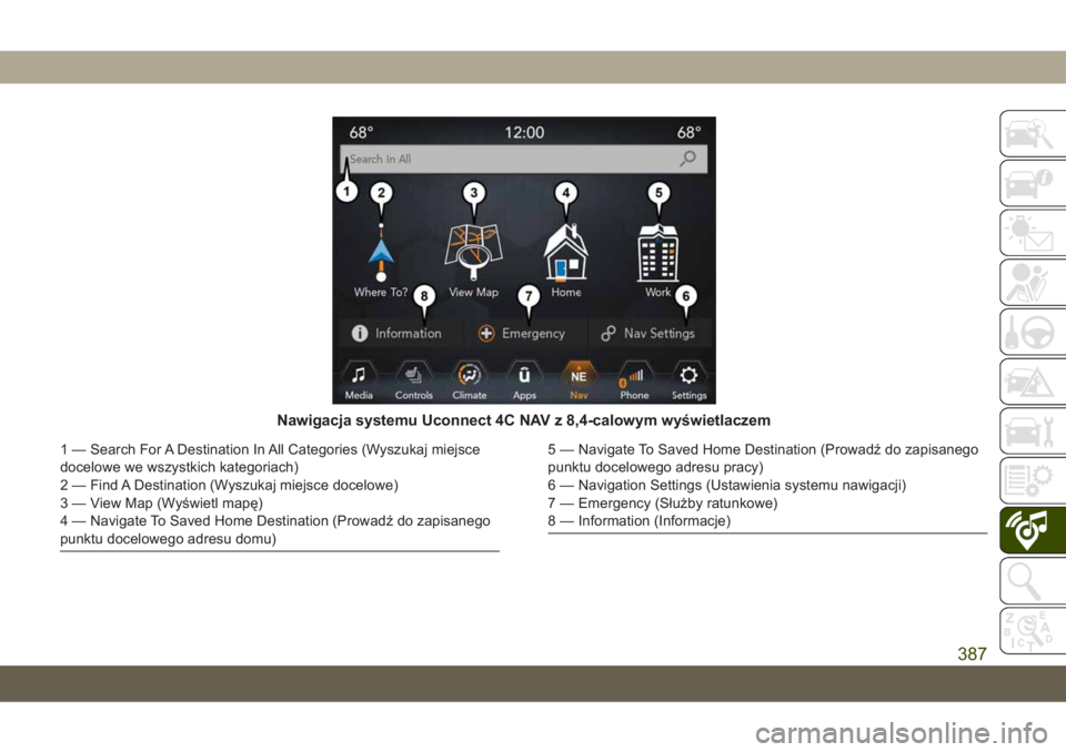 JEEP GRAND CHEROKEE 2020  Instrukcja obsługi (in Polish) Nawigacja systemu Uconnect 4C NAV z 8,4-calowym wyświetlaczem
1 — Search For A Destination In All Categories (Wyszukaj miejsce
docelowe we wszystkich kategoriach)
2 — Find A Destination (Wyszukaj