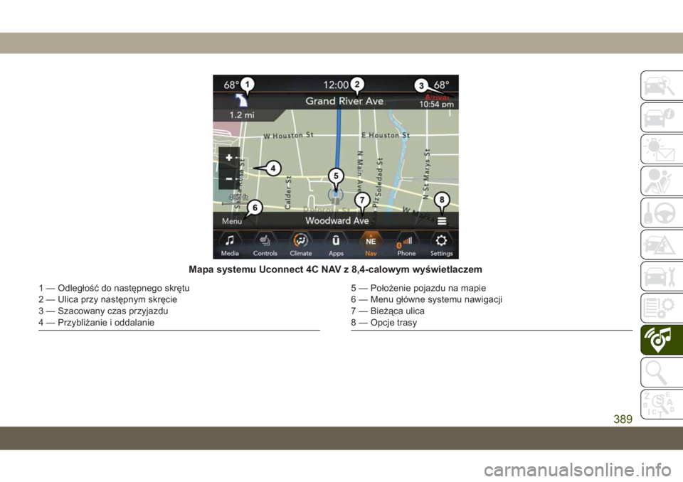 JEEP GRAND CHEROKEE 2020 Instrukcja obsługi (in Polish) Mapa systemu Uconnect 4C NAV z 8,4-calowym wyświetlaczem
1 — Odległość do następnego skrętu
2 — Ulica przy następnym skręcie
3 — Szacowany czas przyjazdu
4 — Przybliżanie i oddalanie5 JEEP GRAND CHEROKEE 2020 Instrukcja obsługi (in Polish) Mapa systemu Uconnect 4C NAV z 8,4-calowym wyświetlaczem
1 — Odległość do następnego skrętu
2 — Ulica przy następnym skręcie
3 — Szacowany czas przyjazdu
4 — Przybliżanie i oddalanie5