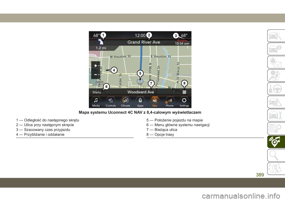 JEEP GRAND CHEROKEE 2021  Instrukcja obsługi (in Polish) Mapa systemu Uconnect 4C NAV z 8,4-calowym wyświetlaczem
1 — Odległość do następnego skrętu
2 — Ulica przy następnym skręcie
3 — Szacowany czas przyjazdu
4 — Przybliżanie i oddalanie5